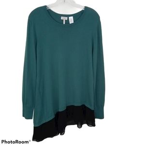 LOGO Sz Medium Green Crew Neck Asymmetrical Lace Hem Sweater